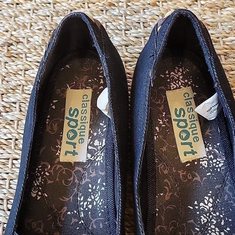 CLASSIQUE SPORT denim loafter shoes with brown and tan accent. size is 7 M. - Picture 4 of 7